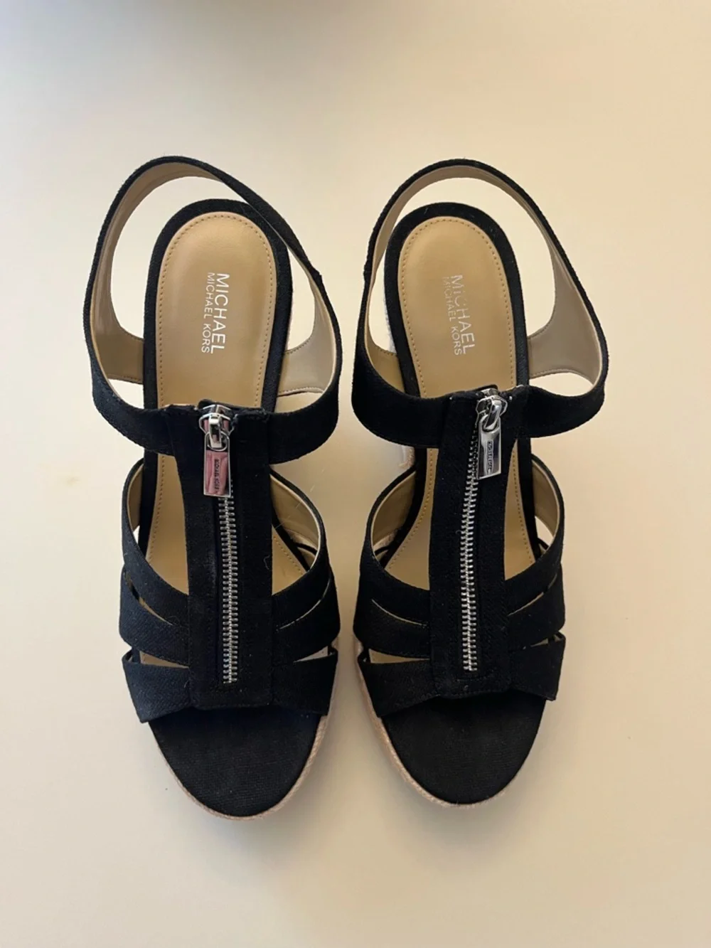 Michael Kors Berkley Wedge Canvas Black Espadrille Wedge Sandals with Front Zip - Picture 2 of 6